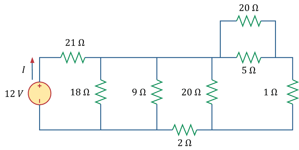 Circuit diagram showing a mix of series and parallel resistors with a voltage source.