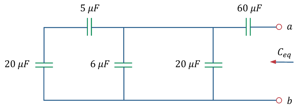 Diagram showing a circuit with series and parallel branches and components.