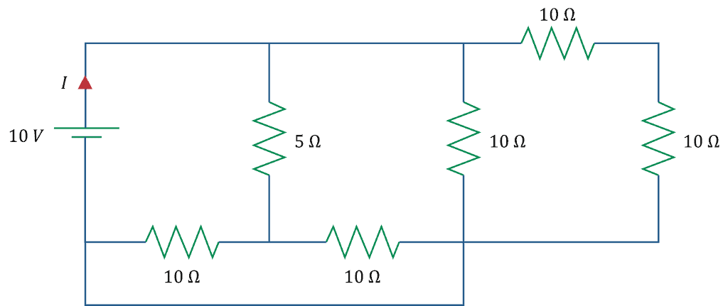 Circuit diagram showing series and parallel resistors and a voltage source.