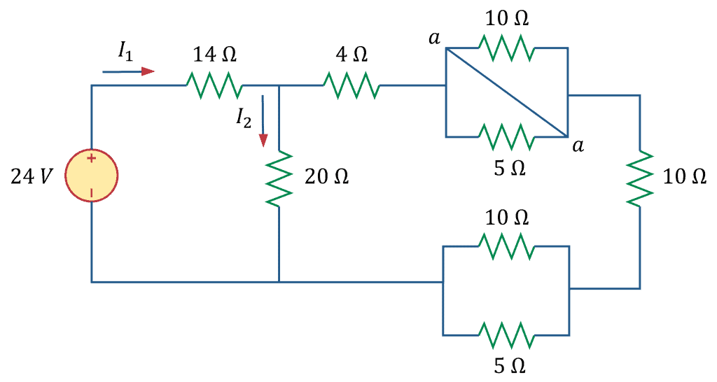 Illustration of a mixed series and parallel circuit with resistors and a voltage source.