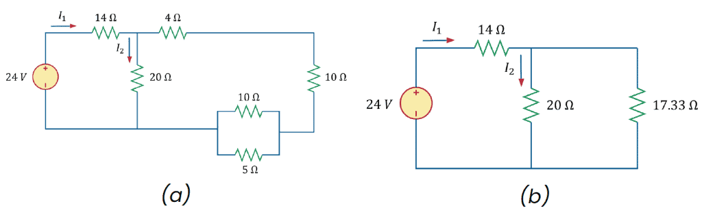 Circuit diagram for series and parallel components with 24 V source and multiple resistors.